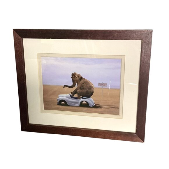 Framed Elephant On Toy Car Art Print In Wooden Frame With Beige Matting - Picture 2 of 11